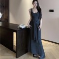 背心层次绑腰假两件长裙